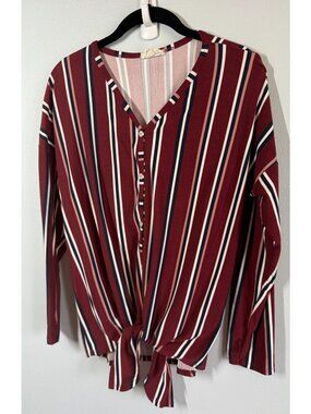 Betsy's Boutique Womens Medium Red Striped Tie Front Blouse V Neck Boho‎ Casual